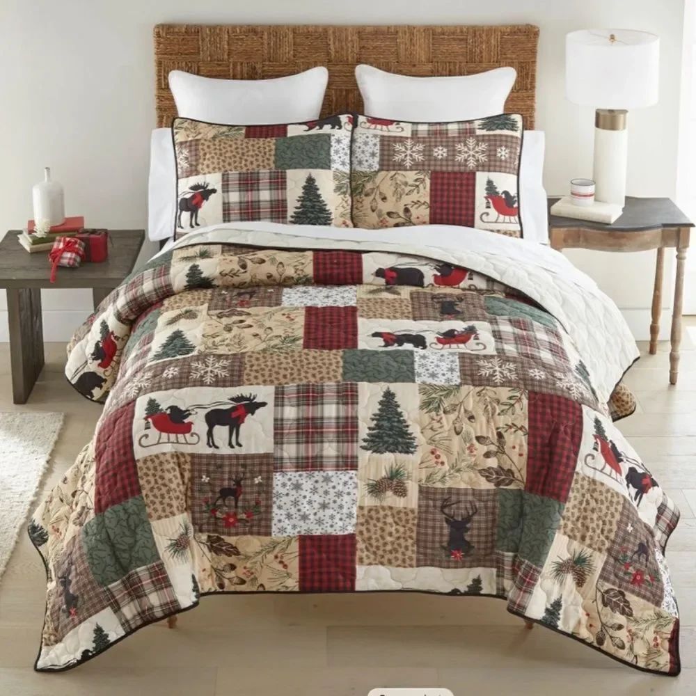 Christmas Patchwork Printed King Quilt Set Country Lodge Plaid Rustic Cabin